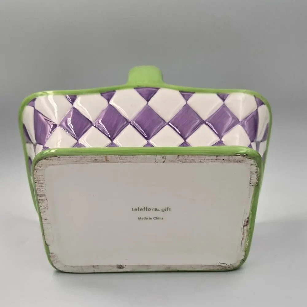 Teleflora Purple White Diamond Checkered Ceramic Basket Planter Green Handle